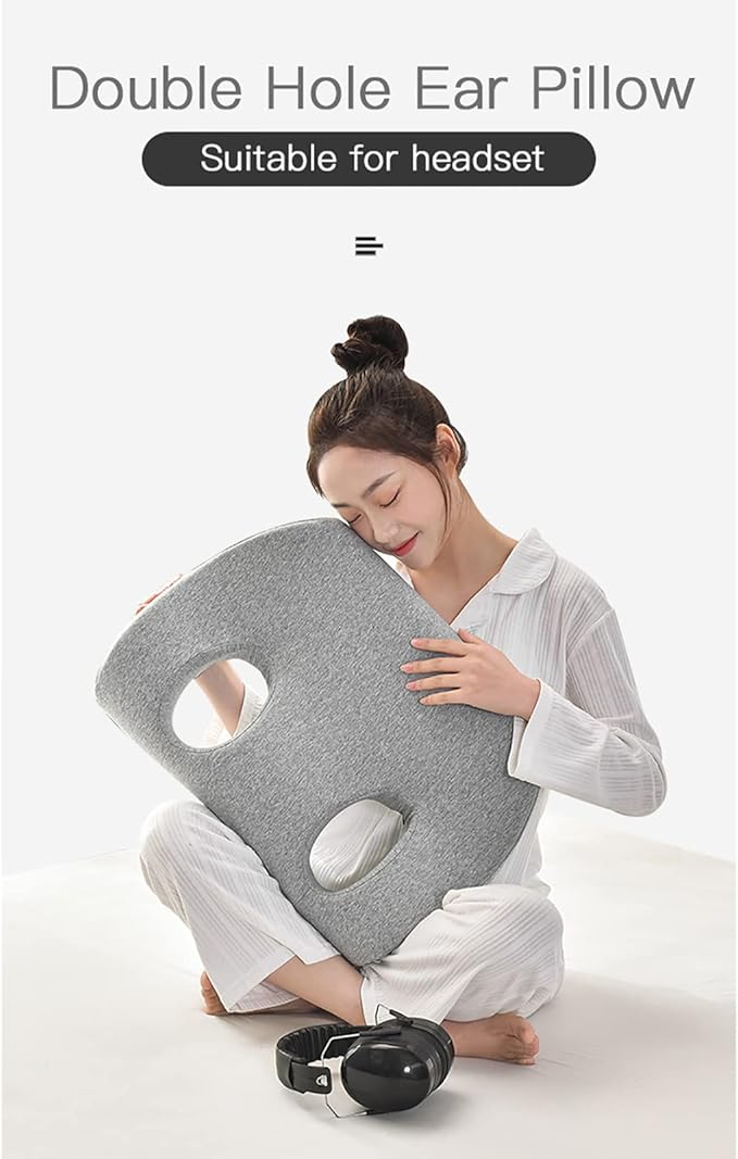 Double Hole Ear Pillow, Perforated Single Ear Pillow with Sound Isolating Earmuffs and 1 Pc Replacement Pillowcase, Suitable for Ear Pain Relief, Ear Pressure Sores, Side Sleepers